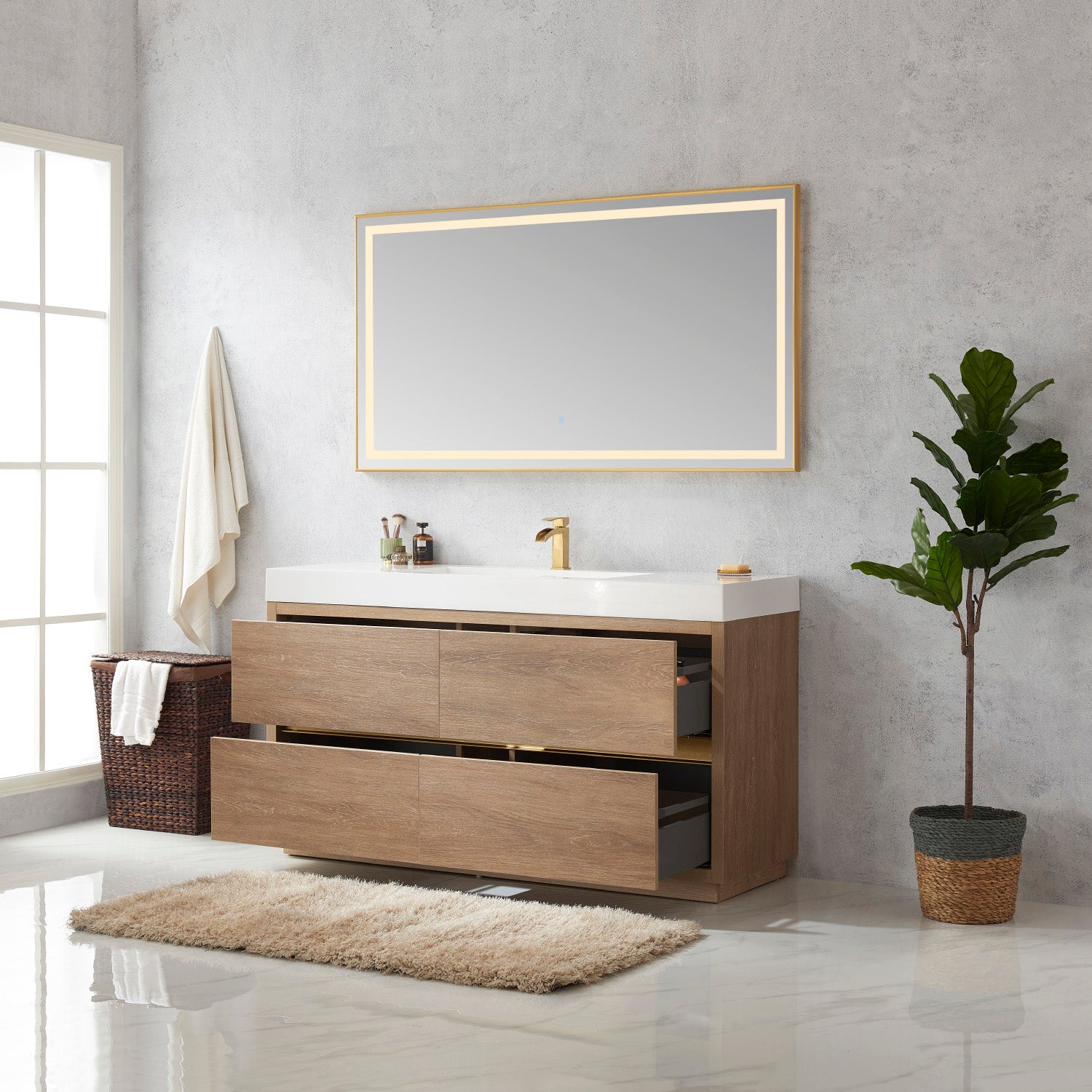 Huesca 60" Single Sink Bath Vanity in North American Oak with White Composite Integral Square Sink Top