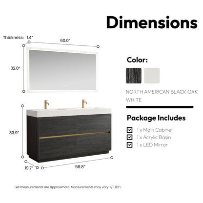 Huesca 60M" Double Sink Bath Vanity in North American Black Oak with White Composite Integral Square Sink Top