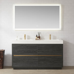 Open image in slideshow, Huesca 60M&quot; Double Sink Bath Vanity in North American Black Oak with White Composite Integral Square Sink Top
