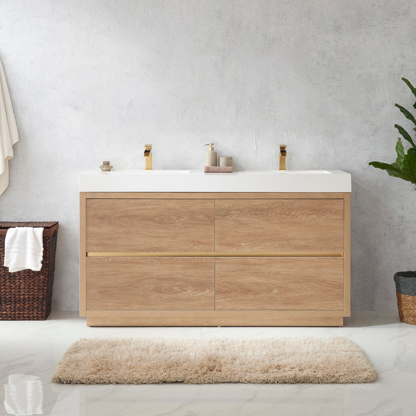 Huesca 60M" Double Sink Bath Vanity in North American Oak with White Composite Integral Square Sink Top