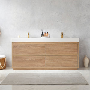 Open image in slideshow, Huesca 72&quot; Double Sink Bath Vanity in North American Oak with White Composite Integral Square Sink Top
