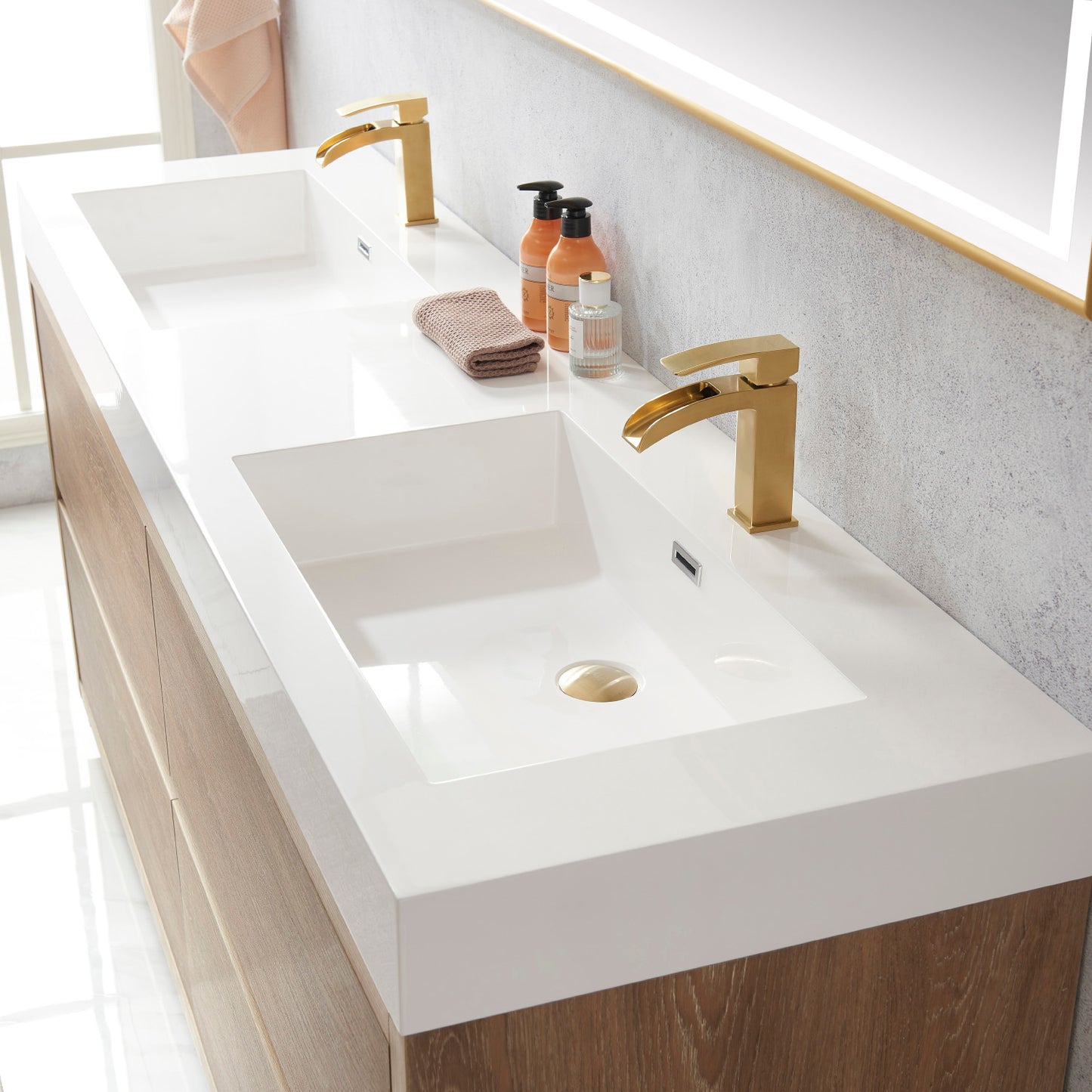 Huesca 72" Double Sink Bath Vanity in North American Oak with White Composite Integral Square Sink Top