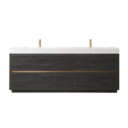 Huesca 84" Double Sink Bath Vanity in North American Black Oak with White Composite Integral Square Sink Top