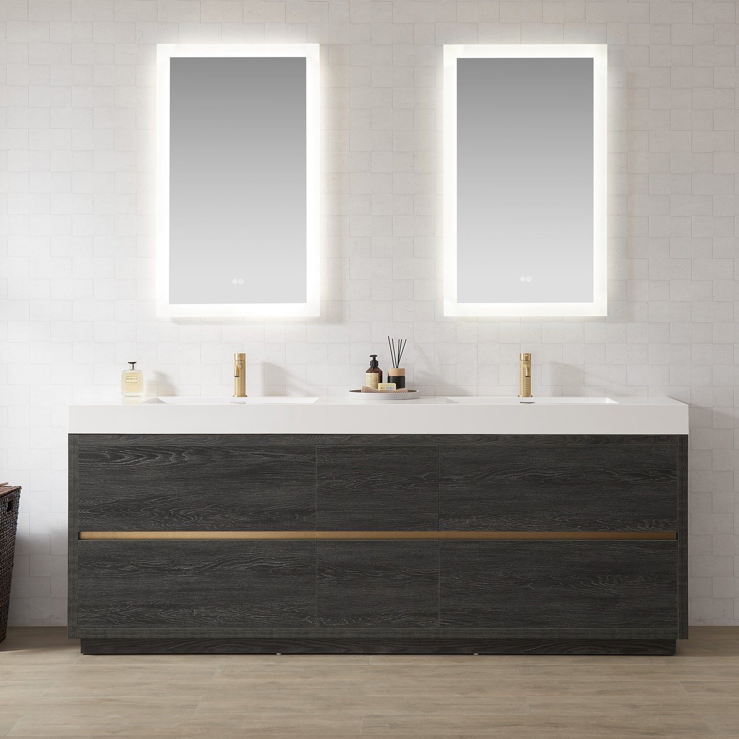 Huesca 84" Double Sink Bath Vanity in North American Black Oak with White Composite Integral Square Sink Top