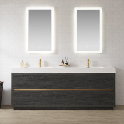 Huesca 84" Double Sink Bath Vanity in North American Black Oak with White Composite Integral Square Sink Top