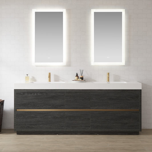 Huesca 84" Double Sink Bath Vanity in North American Black Oak with White Composite Integral Square Sink Top