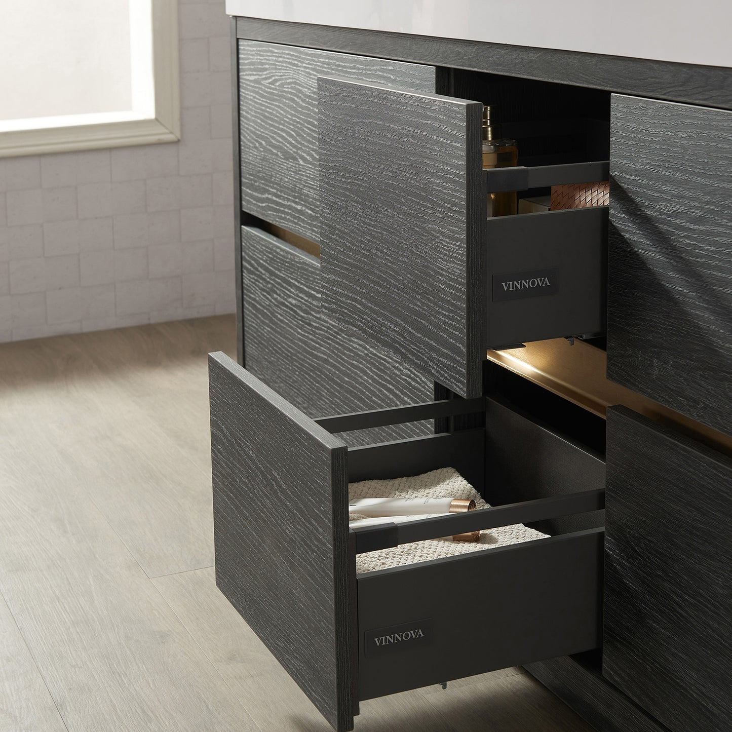 Huesca 84" Double Sink Bath Vanity in North American Black Oak with White Composite Integral Square Sink Top