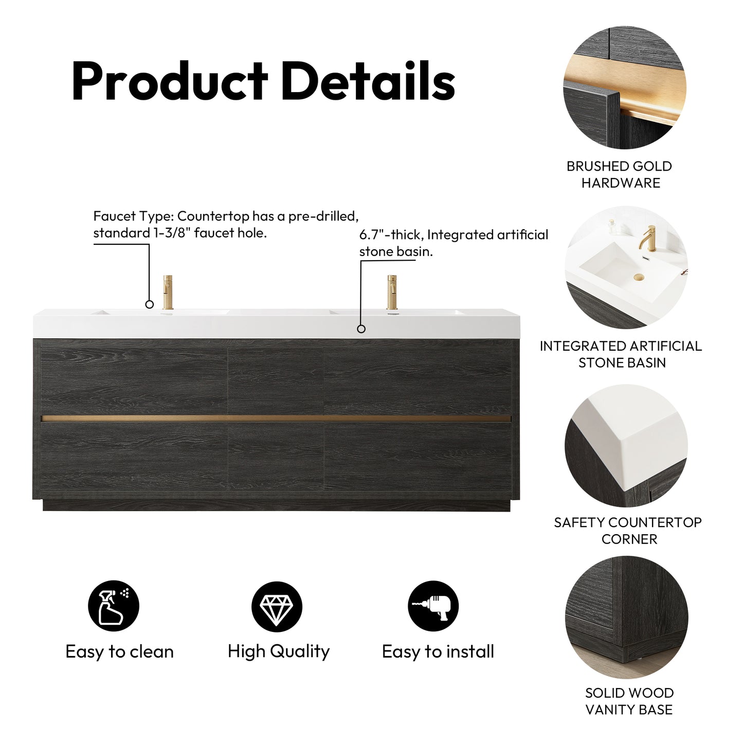 Huesca 84" Double Sink Bath Vanity in North American Black Oak with White Composite Integral Square Sink Top