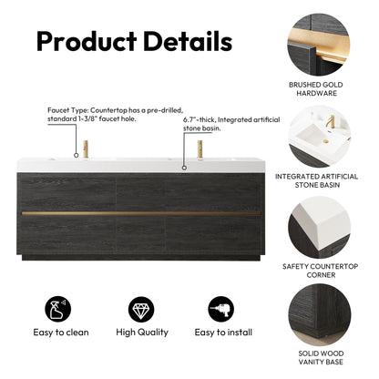 Huesca 84" Double Sink Bath Vanity in North American Black Oak with White Composite Integral Square Sink Top