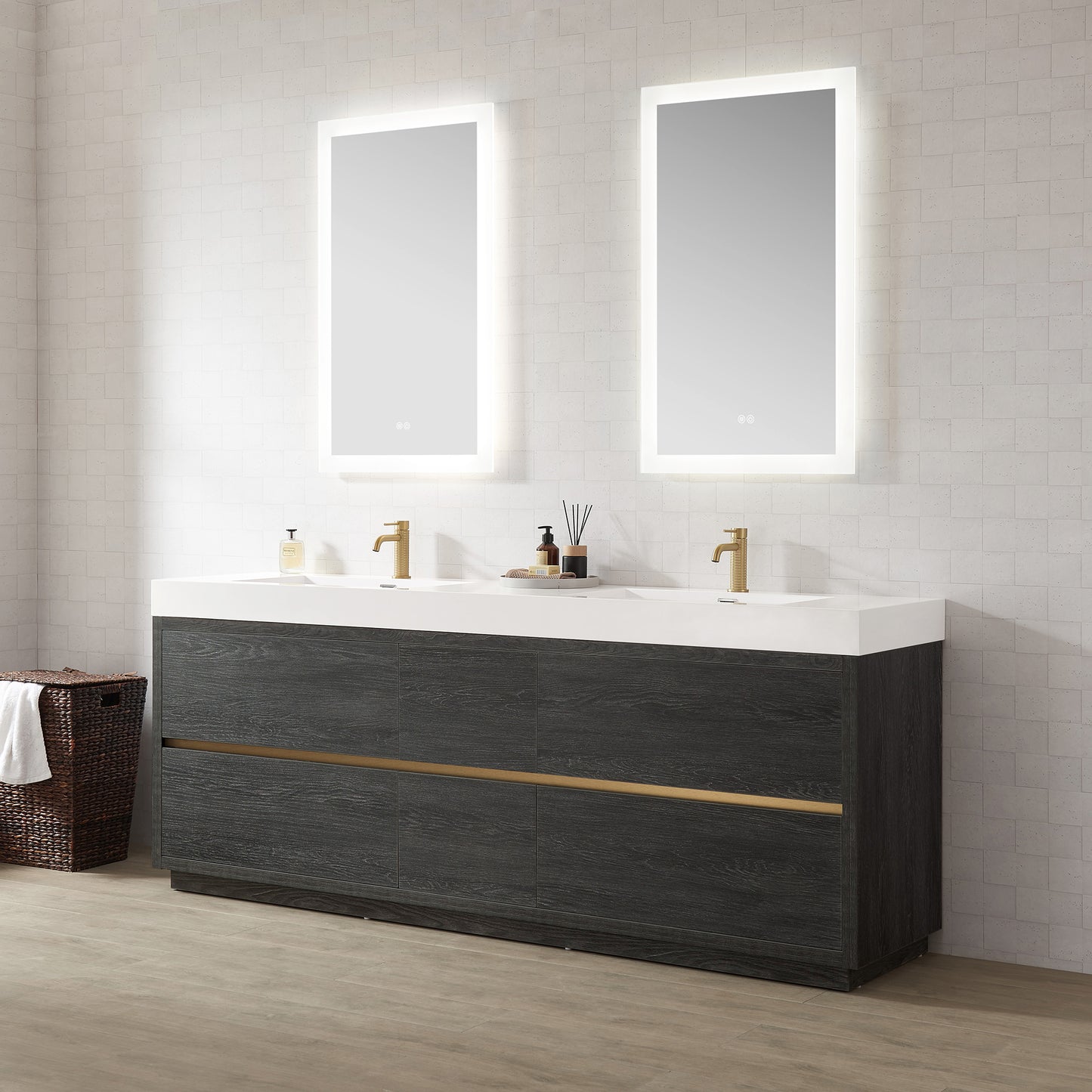 Huesca 84" Double Sink Bath Vanity in North American Black Oak with White Composite Integral Square Sink Top
