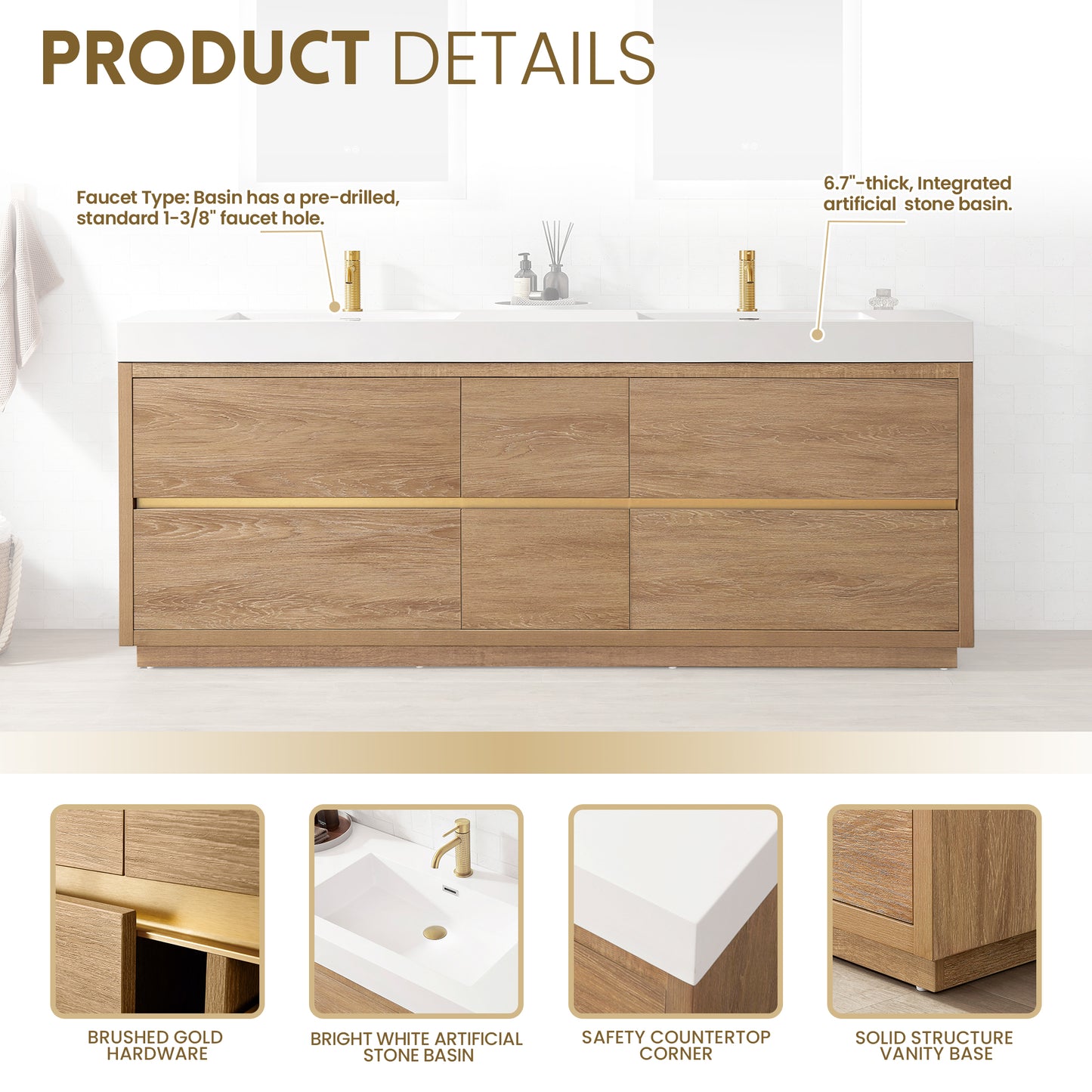 Huesca 84" Double Sink Bath Vanity in North American Oak with White Composite Integral Square Sink Top