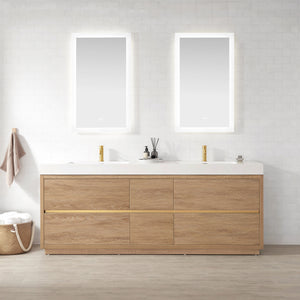 Open image in slideshow, Huesca 84&quot; Double Sink Bath Vanity in North American Oak with White Composite Integral Square Sink Top
