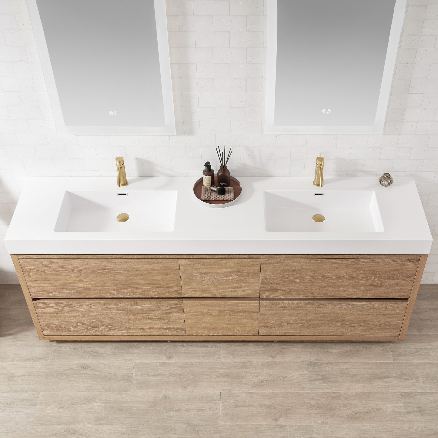 Huesca 84" Double Sink Bath Vanity in North American Oak with White Composite Integral Square Sink Top