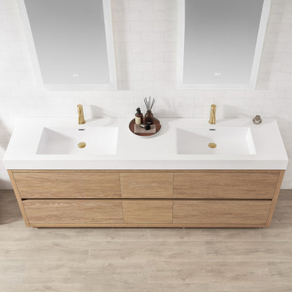 Huesca 84" Double Sink Bath Vanity in North American Oak with White Composite Integral Square Sink Top