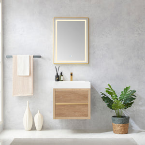 Open image in slideshow, Palencia 24&quot; Single Sink Wall-Mount Bath Vanity in North American Oak with White Composite Integral Square Sink Top
