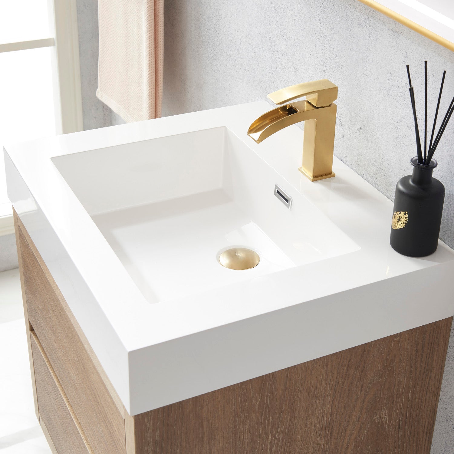 Palencia 24" Single Sink Wall-Mount Bath Vanity in North American Oak with White Composite Integral Square Sink Top
