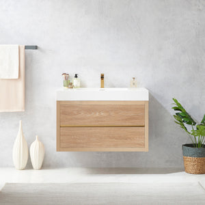 Open image in slideshow, Palencia 36&quot; Single Sink Wall-Mount Bath Vanity in North American Oak with White Composite Integral Square Sink Top
