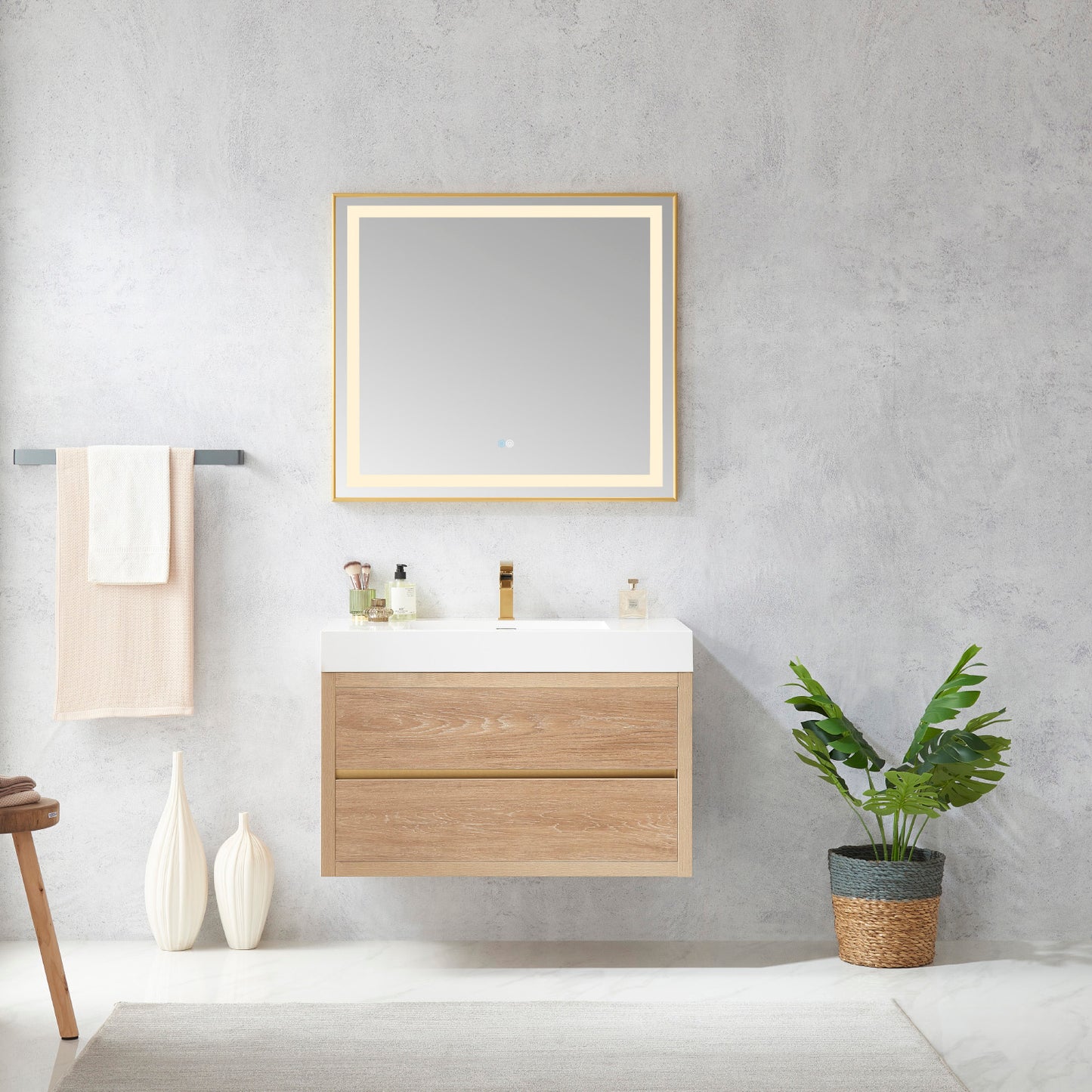 Palencia 36" Single Sink Wall-Mount Bath Vanity in North American Oak with White Composite Integral Square Sink Top
