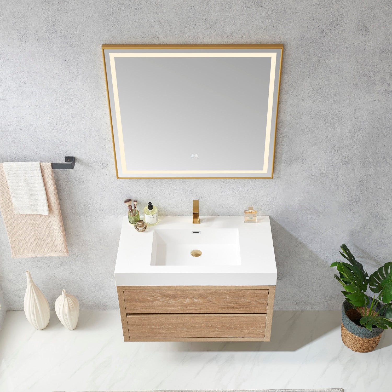 Palencia 36" Single Sink Wall-Mount Bath Vanity in North American Oak with White Composite Integral Square Sink Top