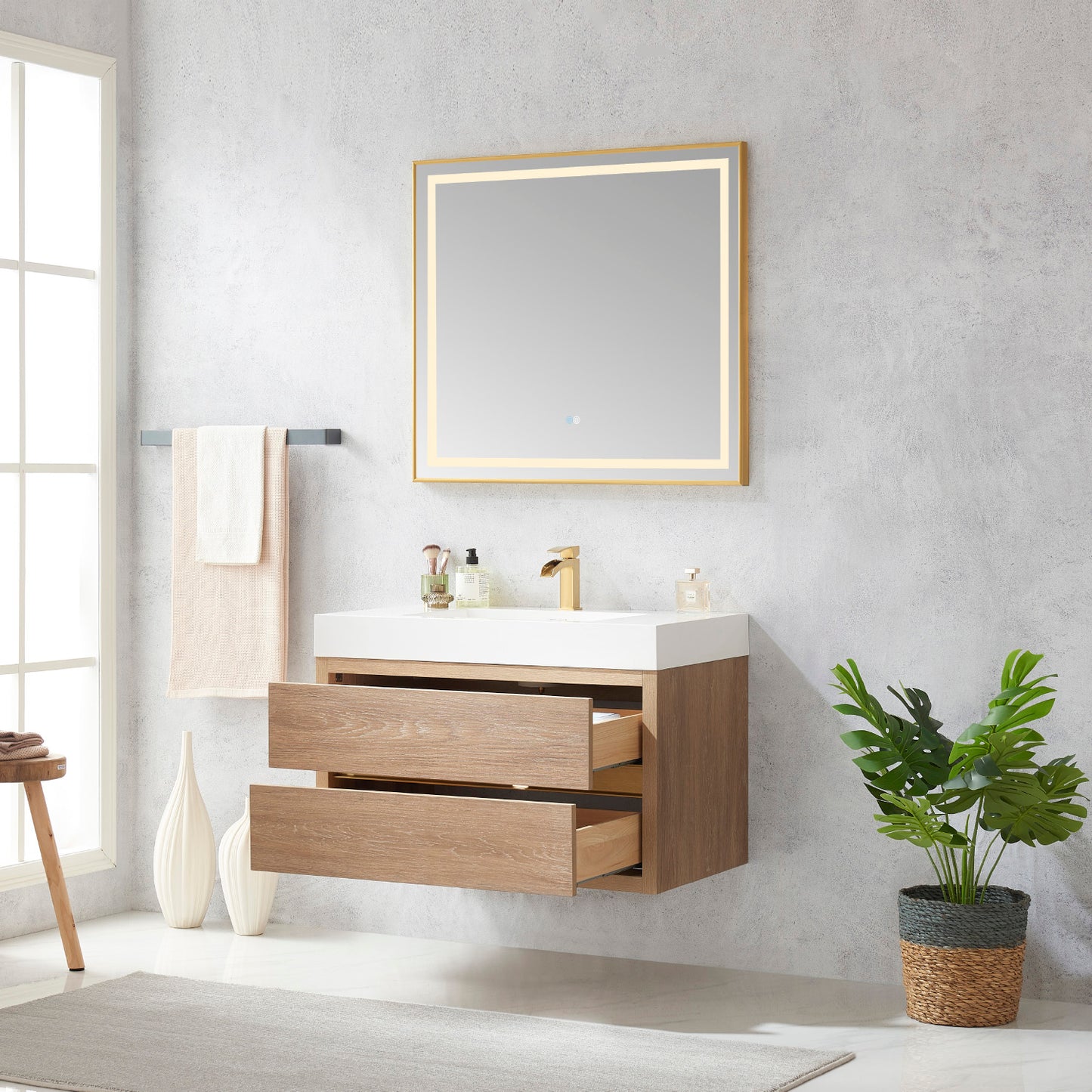 Palencia 36" Single Sink Wall-Mount Bath Vanity in North American Oak with White Composite Integral Square Sink Top