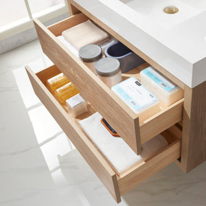 Palencia 36" Single Sink Wall-Mount Bath Vanity in North American Oak with White Composite Integral Square Sink Top