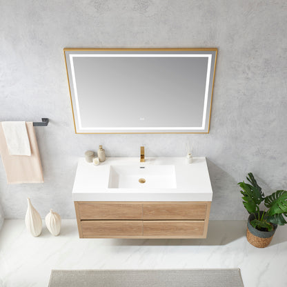 Palencia 48" Single Sink Wall-Mount Bath Vanity in North American Oak with White Composite Integral Square Sink Top