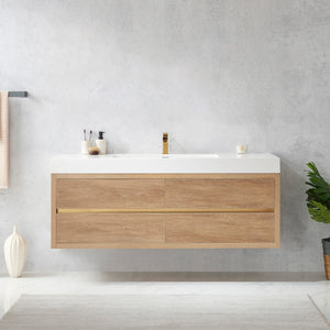 Open image in slideshow, Palencia 60&quot; Single Sink Wall-Mount Bath Vanity in North American Oak with White Composite Integral Square Sink Top
