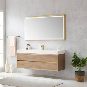 Palencia 60" Single Sink Wall-Mount Bath Vanity in North American Oak with White Composite Integral Square Sink Top