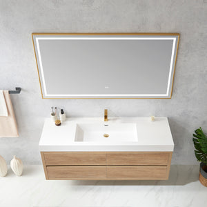 Palencia 60" Single Sink Wall-Mount Bath Vanity in North American Oak with White Composite Integral Square Sink Top