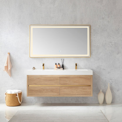 Palencia 60M" Double Sink Wall-Mount Bath Vanity in North American Oak with White Composite Integral Square Sink Top