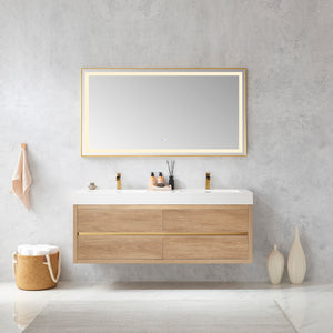 Open image in slideshow, Palencia 60M&quot; Double Sink Wall-Mount Bath Vanity in North American Oak with White Composite Integral Square Sink Top
