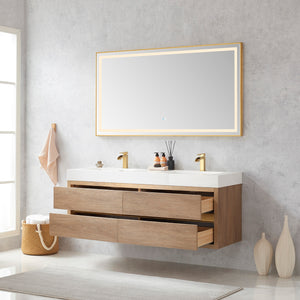Palencia 60M" Double Sink Wall-Mount Bath Vanity in North American Oak with White Composite Integral Square Sink Top