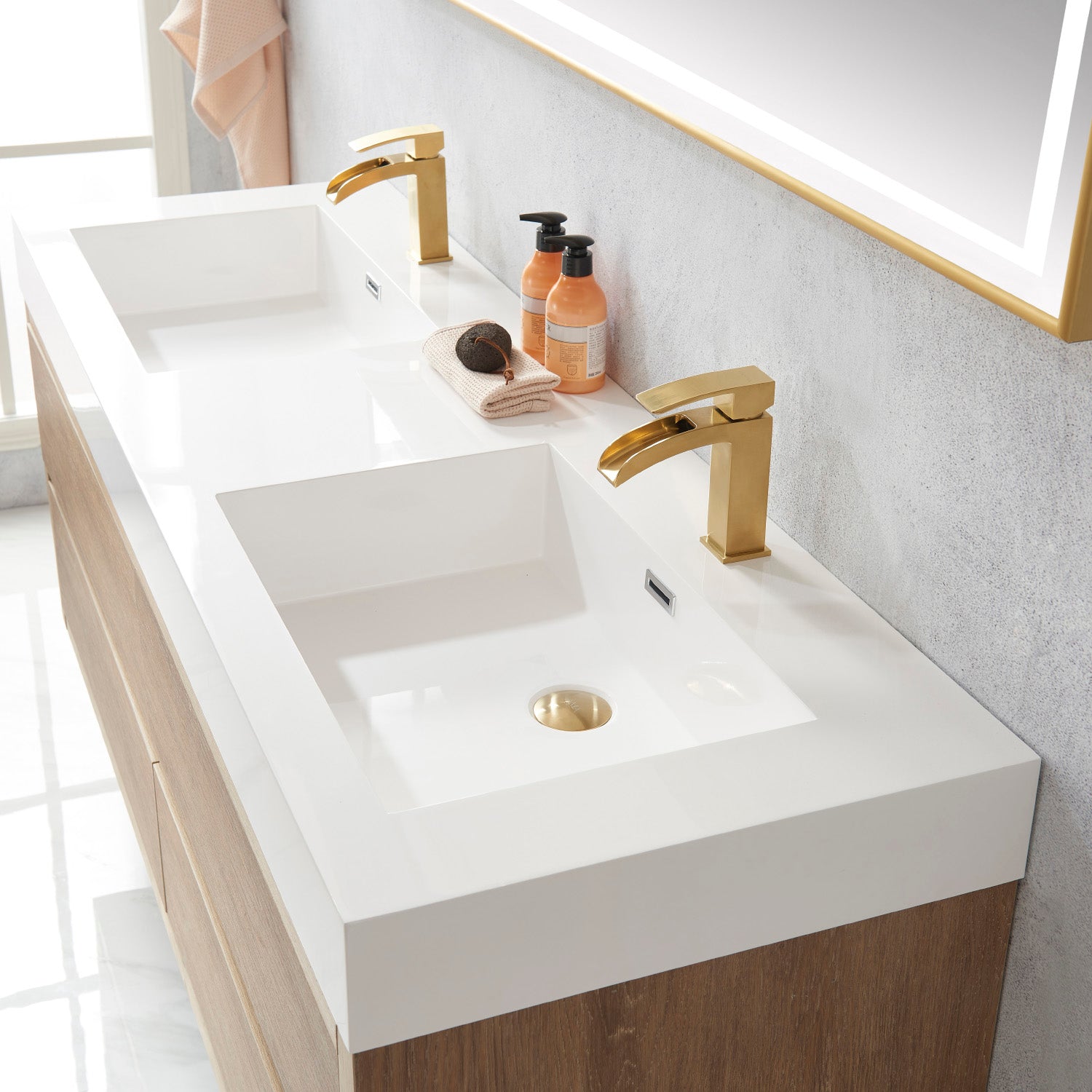Palencia 60M" Double Sink Wall-Mount Bath Vanity in North American Oak with White Composite Integral Square Sink Top