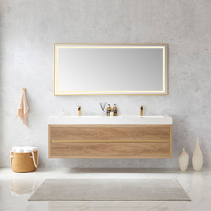 Open image in slideshow, Palencia 72&quot; Double Sink Wall-Mount Bath Vanity in North American Oak with White Composite Integral Square Sink Top
