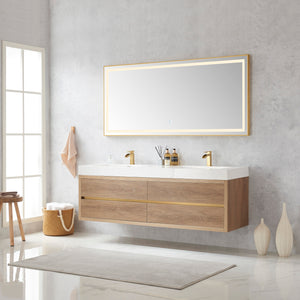 Palencia 72" Double Sink Wall-Mount Bath Vanity in North American Oak with White Composite Integral Square Sink Top