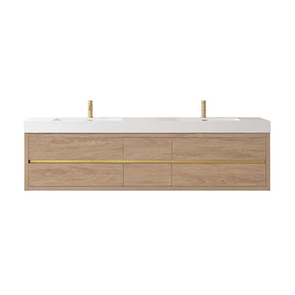 Palencia 84" Double Sink Wall-Mount Bath Vanity in North American Oak with White Composite Integral Sink Top
