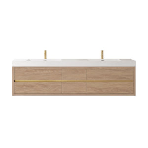 Open image in slideshow, Palencia 84&quot; Double Sink Wall-Mount Bath Vanity in North American Oak with White Composite Integral Sink Top
