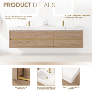 Palencia 84" Double Sink Wall-Mount Bath Vanity in North American Oak with White Composite Integral Sink Top