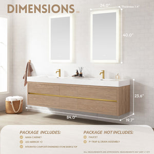 Palencia 84" Double Sink Wall-Mount Bath Vanity in North American Oak with White Composite Integral Sink Top