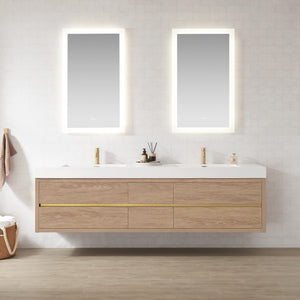 Palencia 84" Double Sink Wall-Mount Bath Vanity in North American Oak with White Composite Integral Sink Top