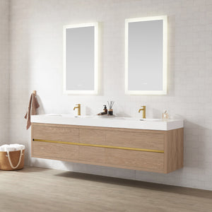 Palencia 84" Double Sink Wall-Mount Bath Vanity in North American Oak with White Composite Integral Sink Top