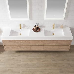 Palencia 84" Double Sink Wall-Mount Bath Vanity in North American Oak with White Composite Integral Sink Top