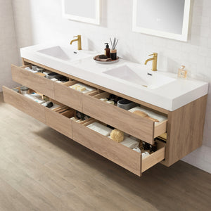 Palencia 84" Double Sink Wall-Mount Bath Vanity in North American Oak with White Composite Integral Sink Top