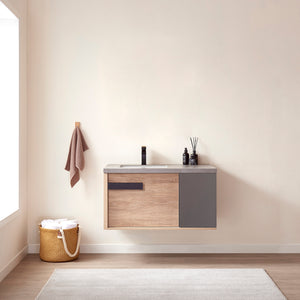 Open image in slideshow, Carcastillo 40&quot; Single Sink Bath Vanity in North American Oak with Grey Sintered Stone Top
