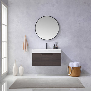 Open image in slideshow, Vegadeo 36&quot; Single Sink Bath Vanity in Suleiman Oak with White One-Piece Composite Stone Sink Top
