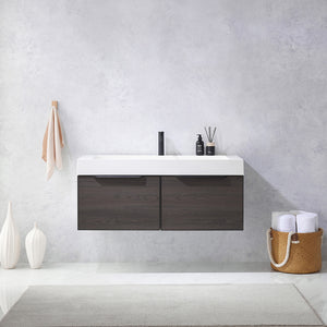 Open image in slideshow, Vegadeo 48&quot; Single Sink Bath Vanity in Suleiman Oak with White One-Piece Composite Stone Sink Top
