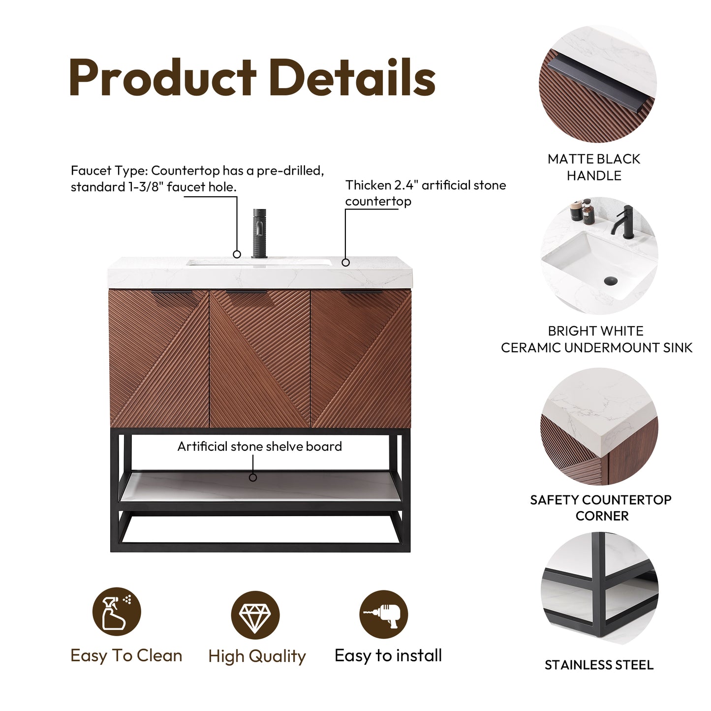 Mahon 36B" Free-standing Single Bath Vanity in North American Deep Walnut with White Grain Composite Stone Top