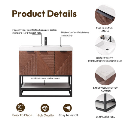 Mahon 36B" Free-standing Single Bath Vanity in North American Deep Walnut with White Grain Composite Stone Top