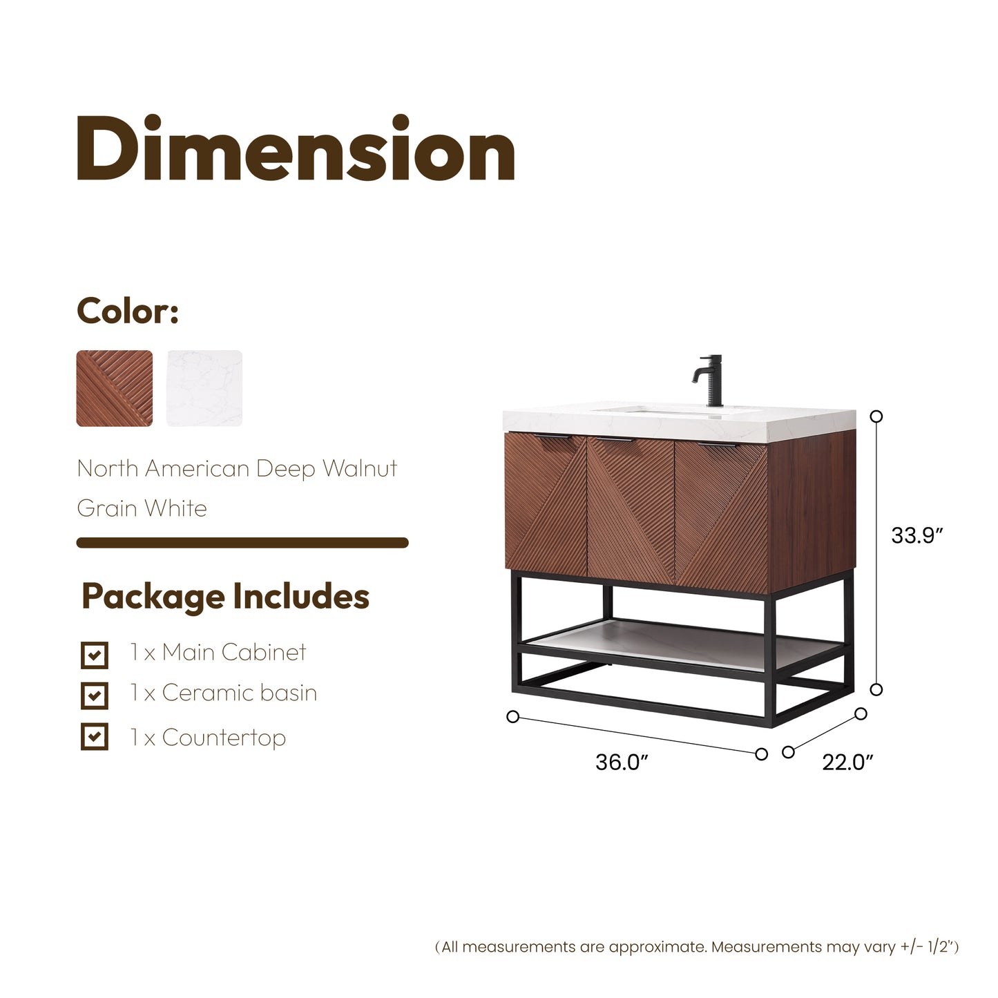 Mahon 36B" Free-standing Single Bath Vanity in North American Deep Walnut with White Grain Composite Stone Top