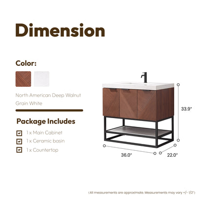 Mahon 36B" Free-standing Single Bath Vanity in North American Deep Walnut with White Grain Composite Stone Top